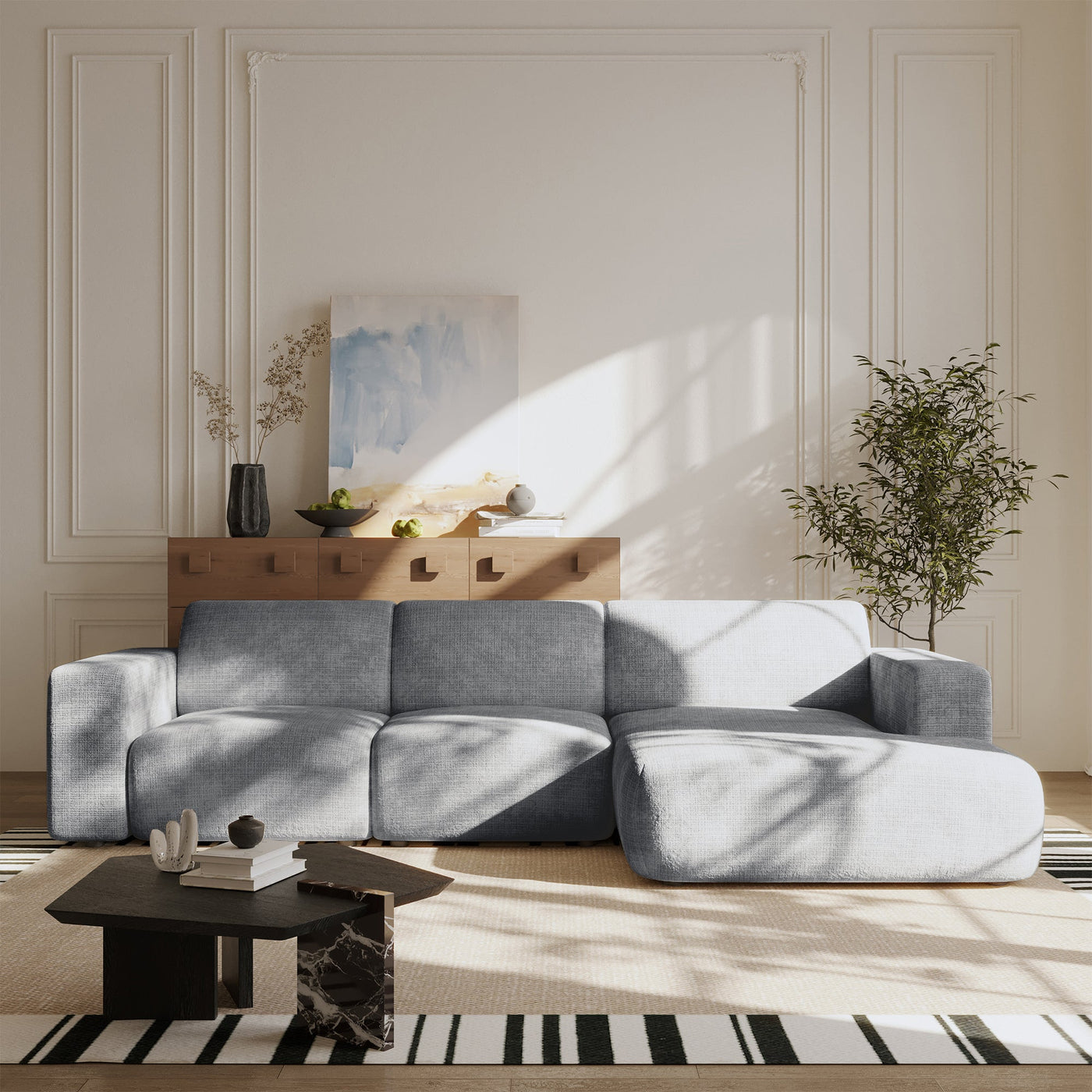 NAYVA Canapé d'angle en tissu gris - Angle droit - Canapés d'angle - Mobilier Deco