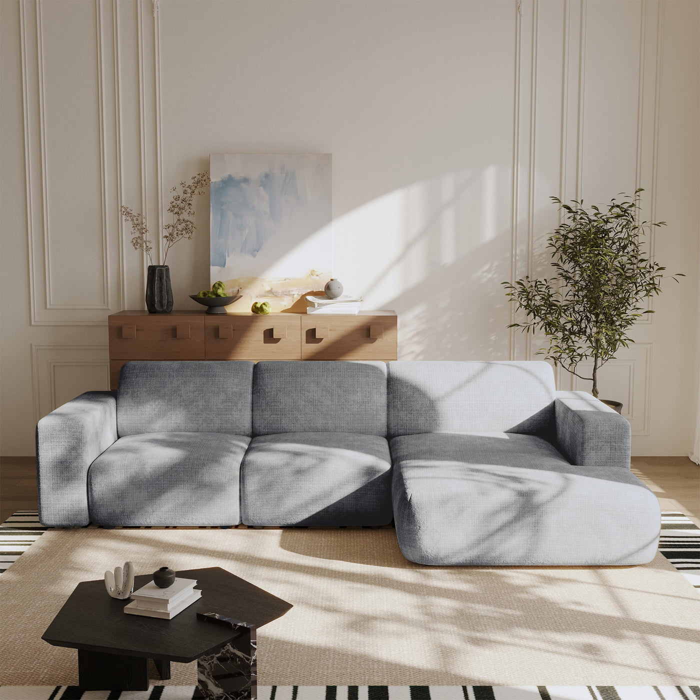 NAYVA Canapé d'angle en tissu gris - Angle droit - Canapés d'angle - Mobilier Deco