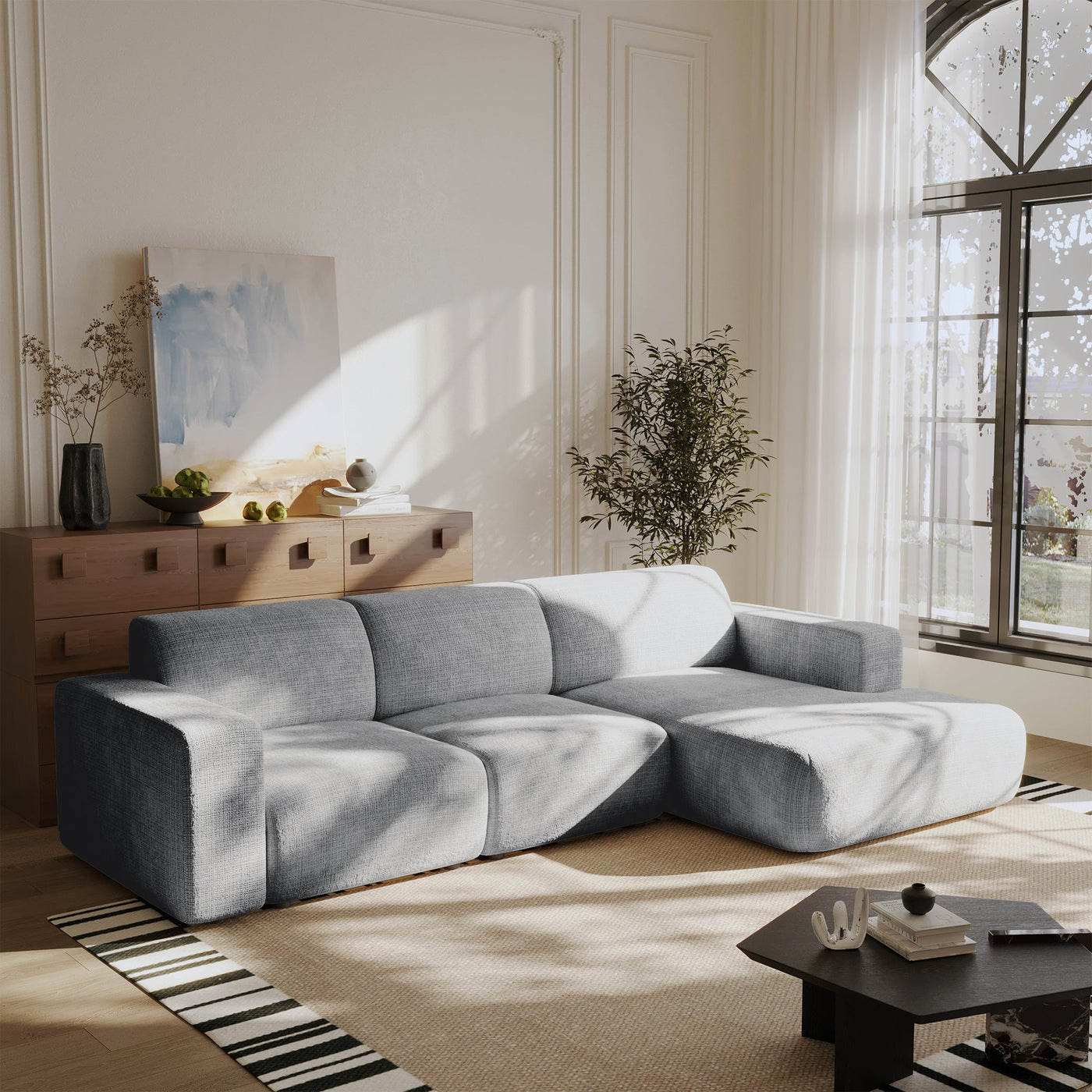 NAYVA Canapé d'angle en tissu gris - Angle droit - Canapés d'angle - Mobilier Deco