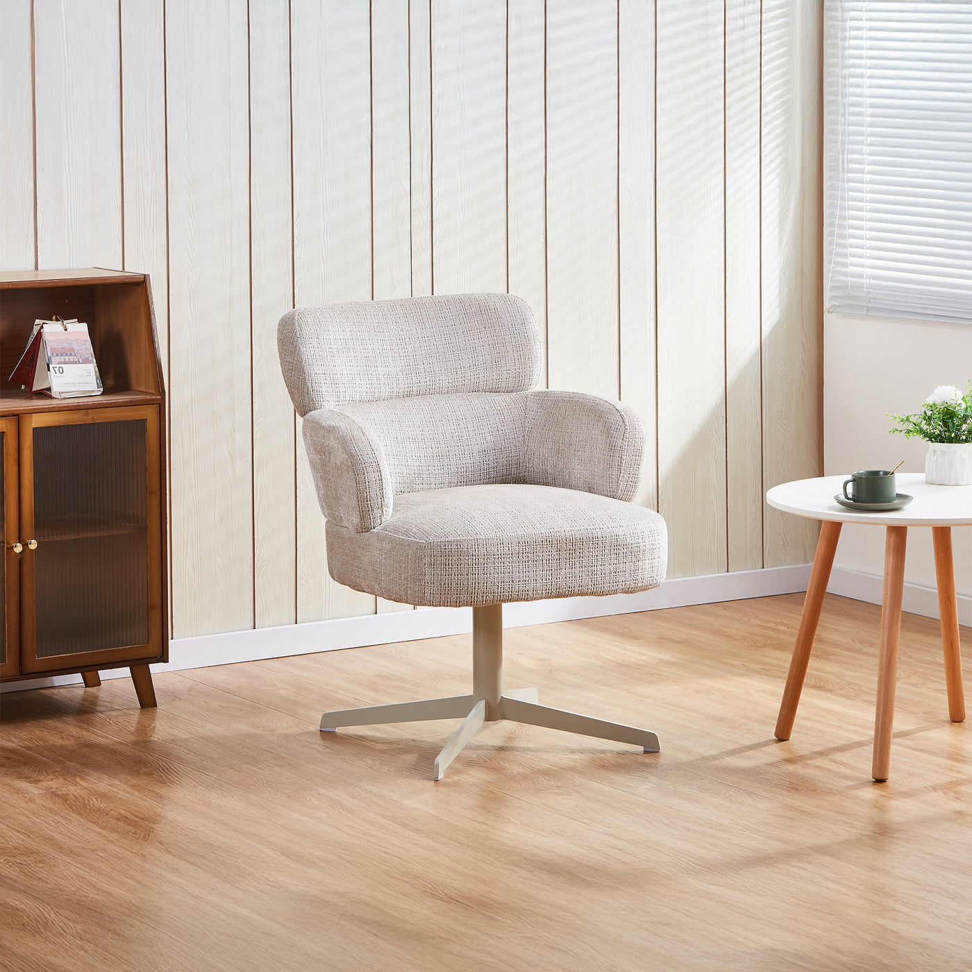 NEJYA Fauteuil en tissu beige pieds en métal gris - Chaise de repas - Mobilier Deco