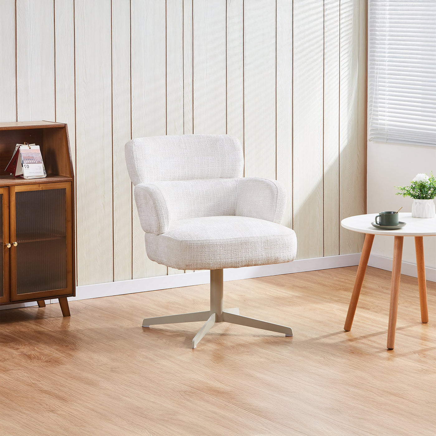 NEJYA Fauteuil en tissu blanc écru pieds en métal gris - Chaise de repas - Mobilier Deco