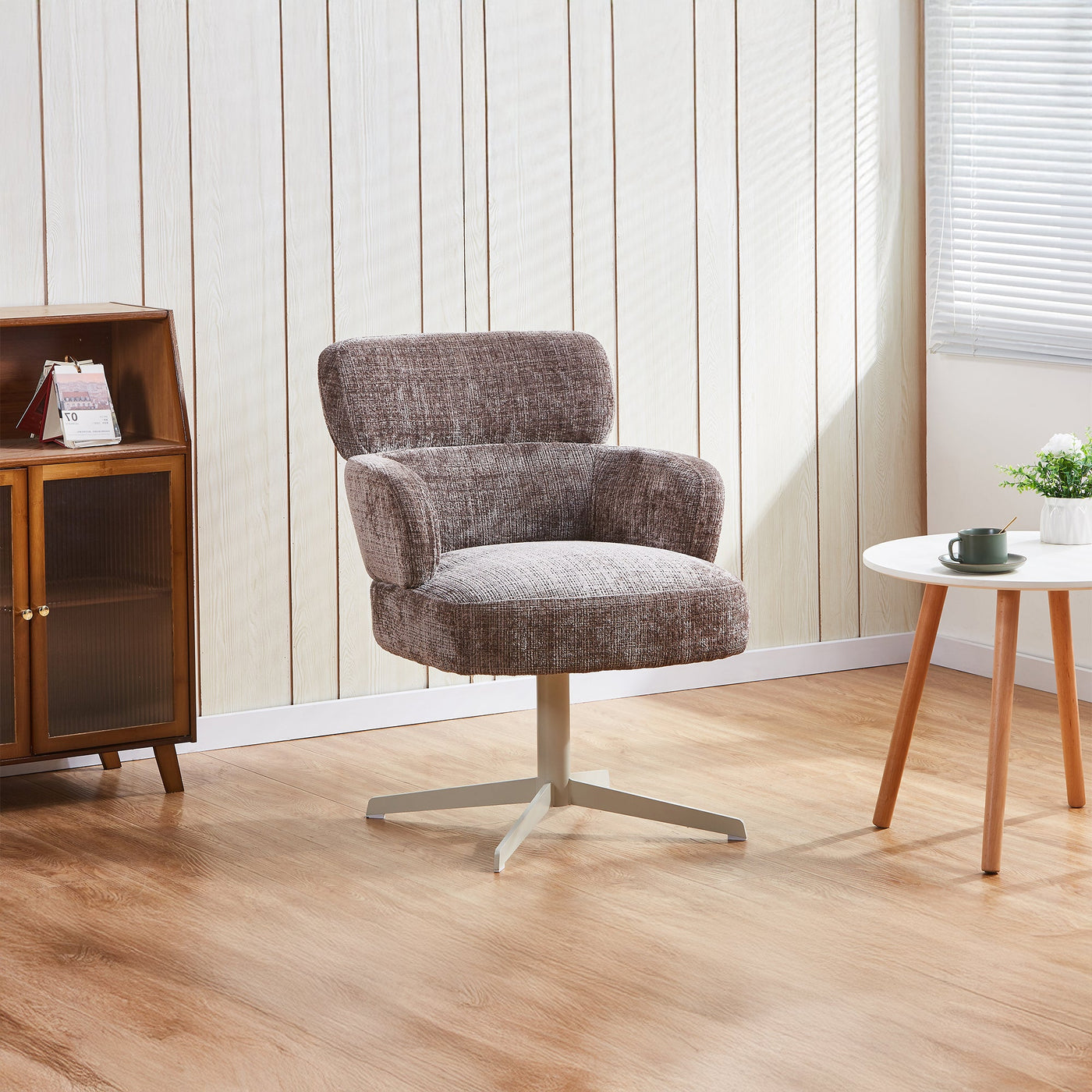 NEJYA Fauteuil en tissu taupe pieds en métal gris - Chaise de repas - Mobilier Deco