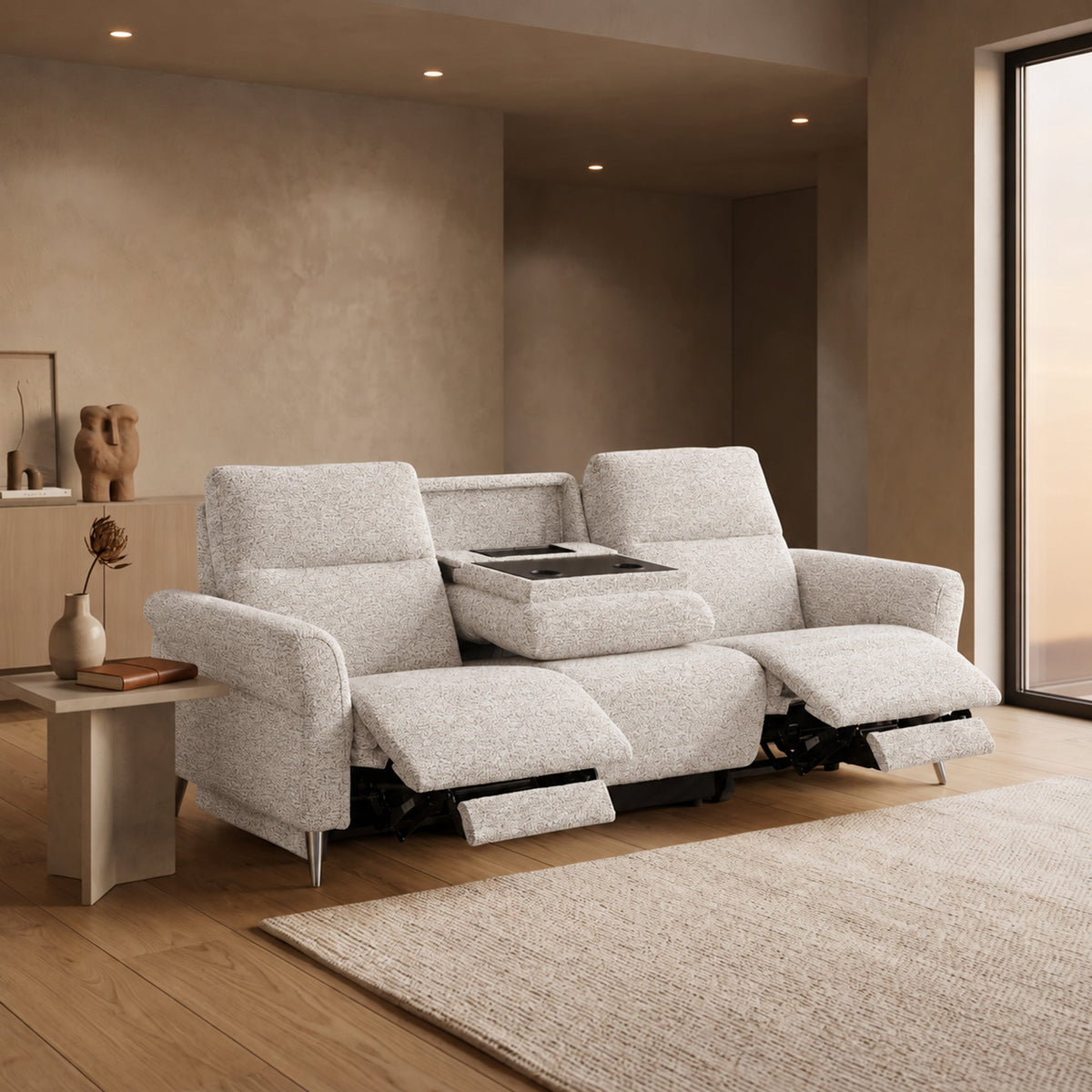 NELSON Canapé 3 places relax électrique avec porte gobelets et chargeur sans fil en tissu beige - Canapé relax - Mobilier Deco