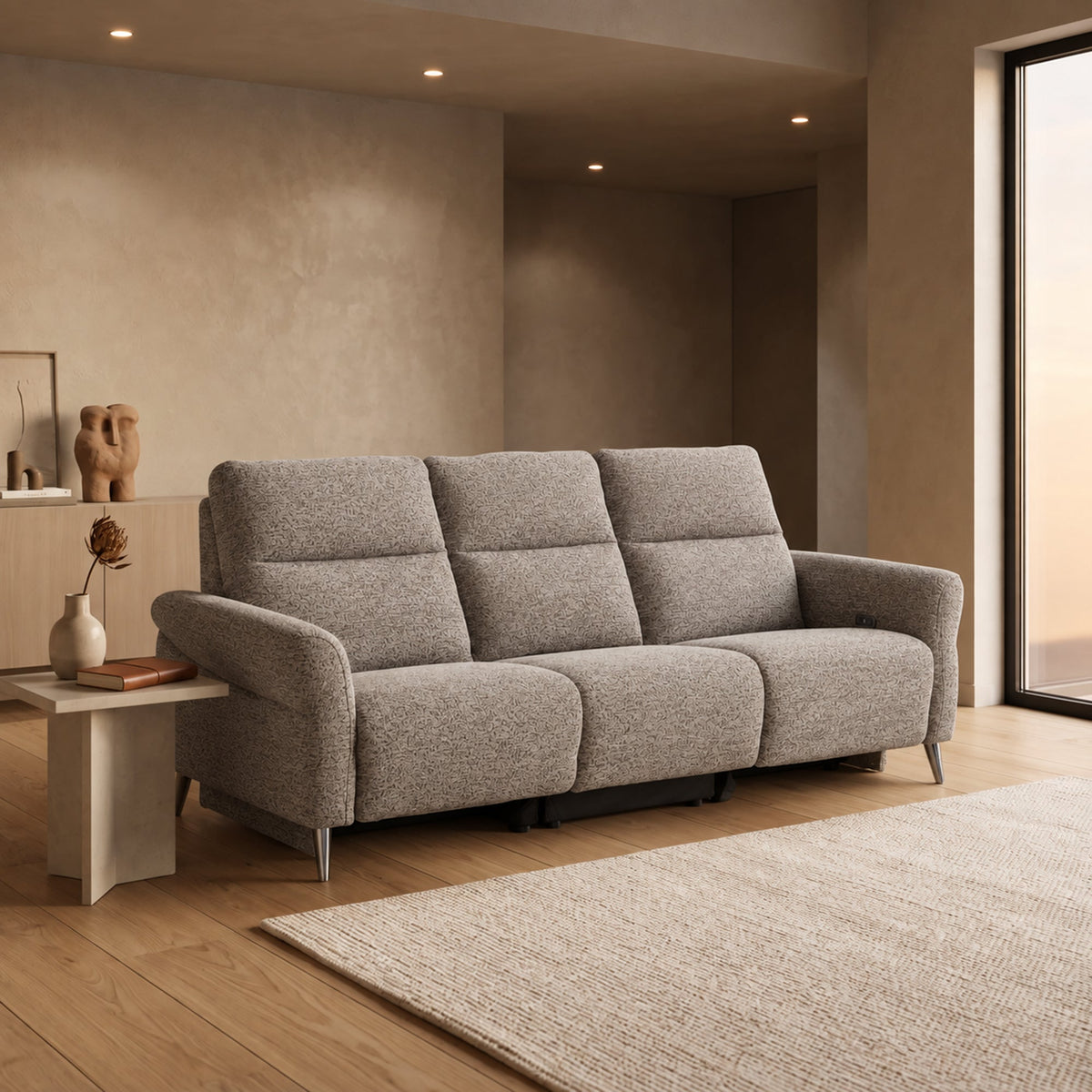 NELSON Canapé 3 places relax électrique avec porte gobelets et chargeur sans fil en tissu taupe - Canapé relax - Mobilier Deco