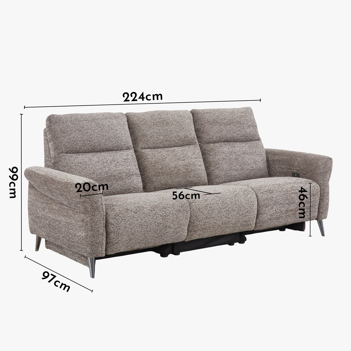 NELSON Canapé 3 places relax électrique avec porte gobelets et chargeur sans fil en tissu taupe - Canapé relax - Mobilier Deco