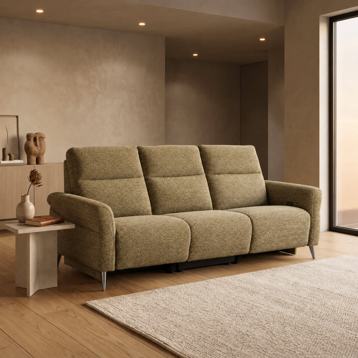 NELSON Canapé 3 places relax électrique avec porte gobelets et chargeur sans fil en tissu vert - Canapé relax - Mobilier Deco