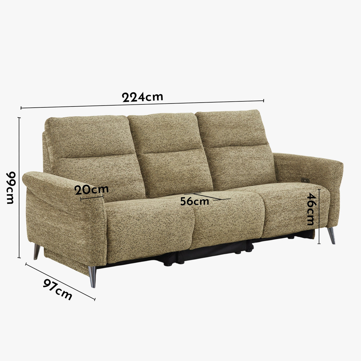 NELSON Canapé 3 places relax électrique avec porte gobelets et chargeur sans fil en tissu vert - Canapé relax - Mobilier Deco