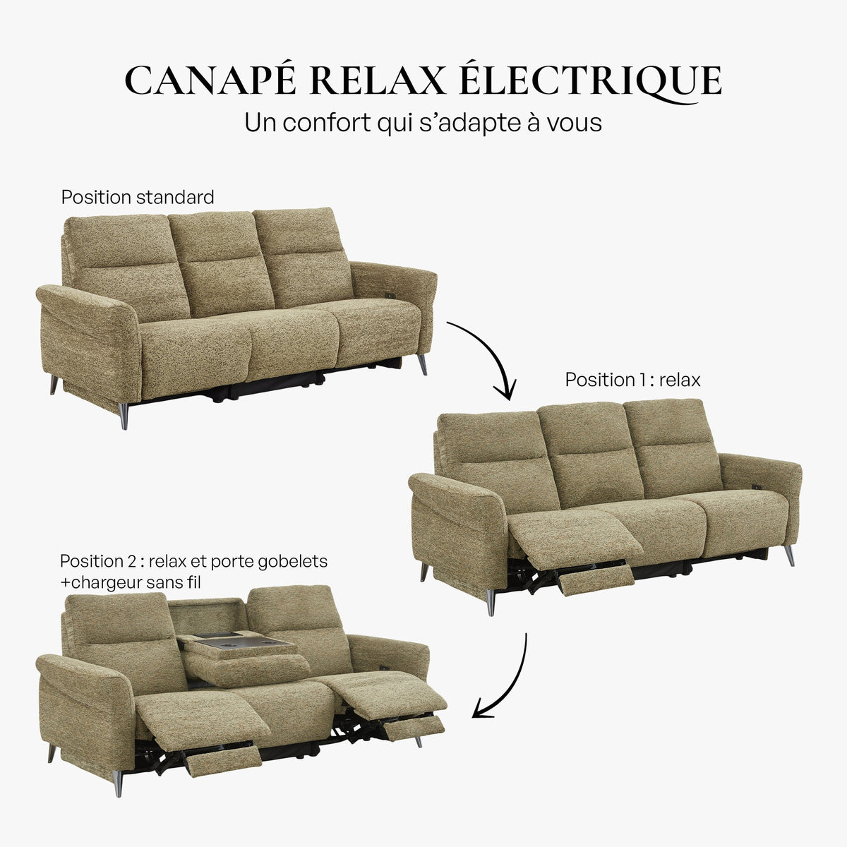 NELSON Canapé 3 places relax électrique avec porte gobelets et chargeur sans fil en tissu vert - Canapé relax - Mobilier Deco
