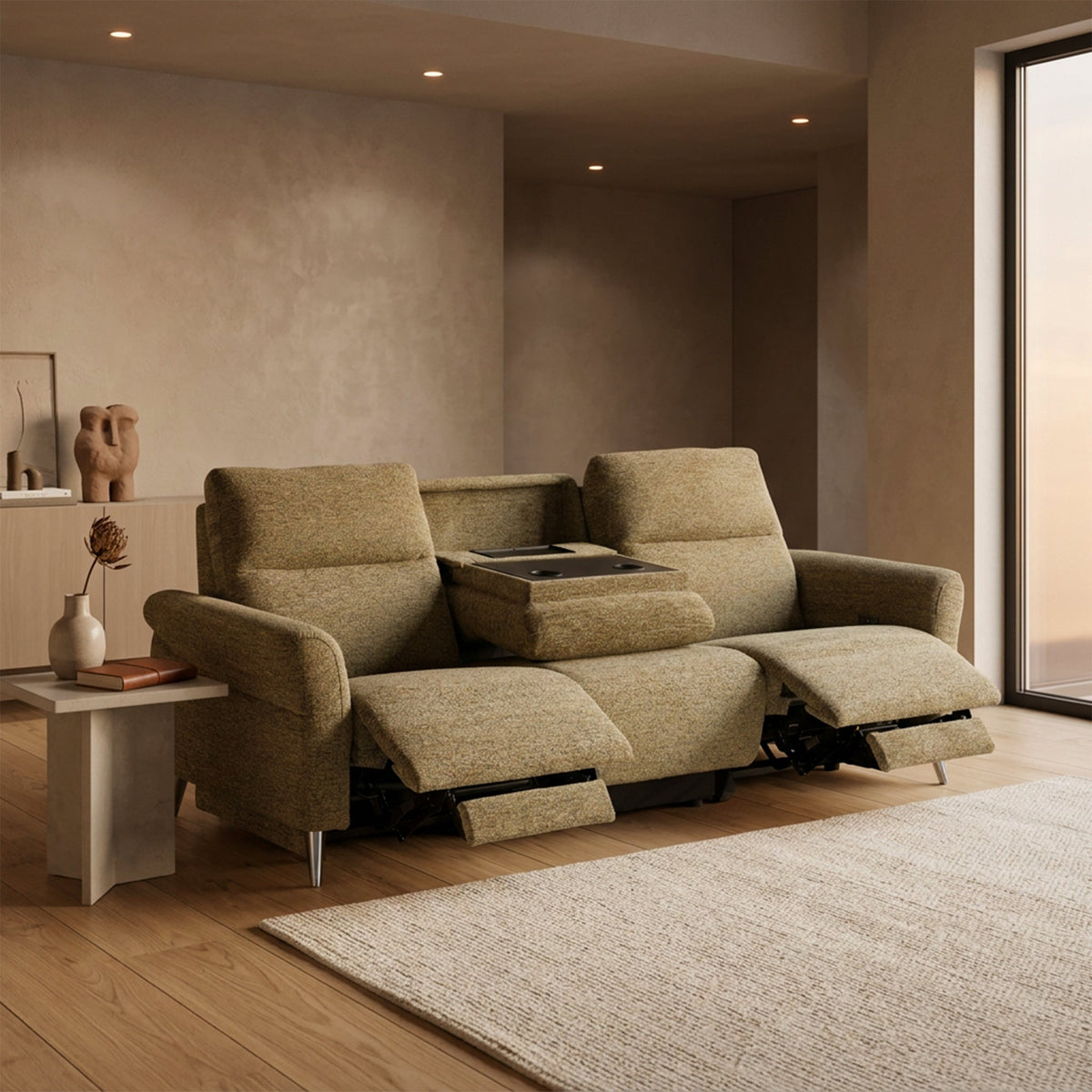 NELSON Canapé 3 places relax électrique avec porte gobelets et chargeur sans fil en tissu vert - Canapé relax - Mobilier Deco