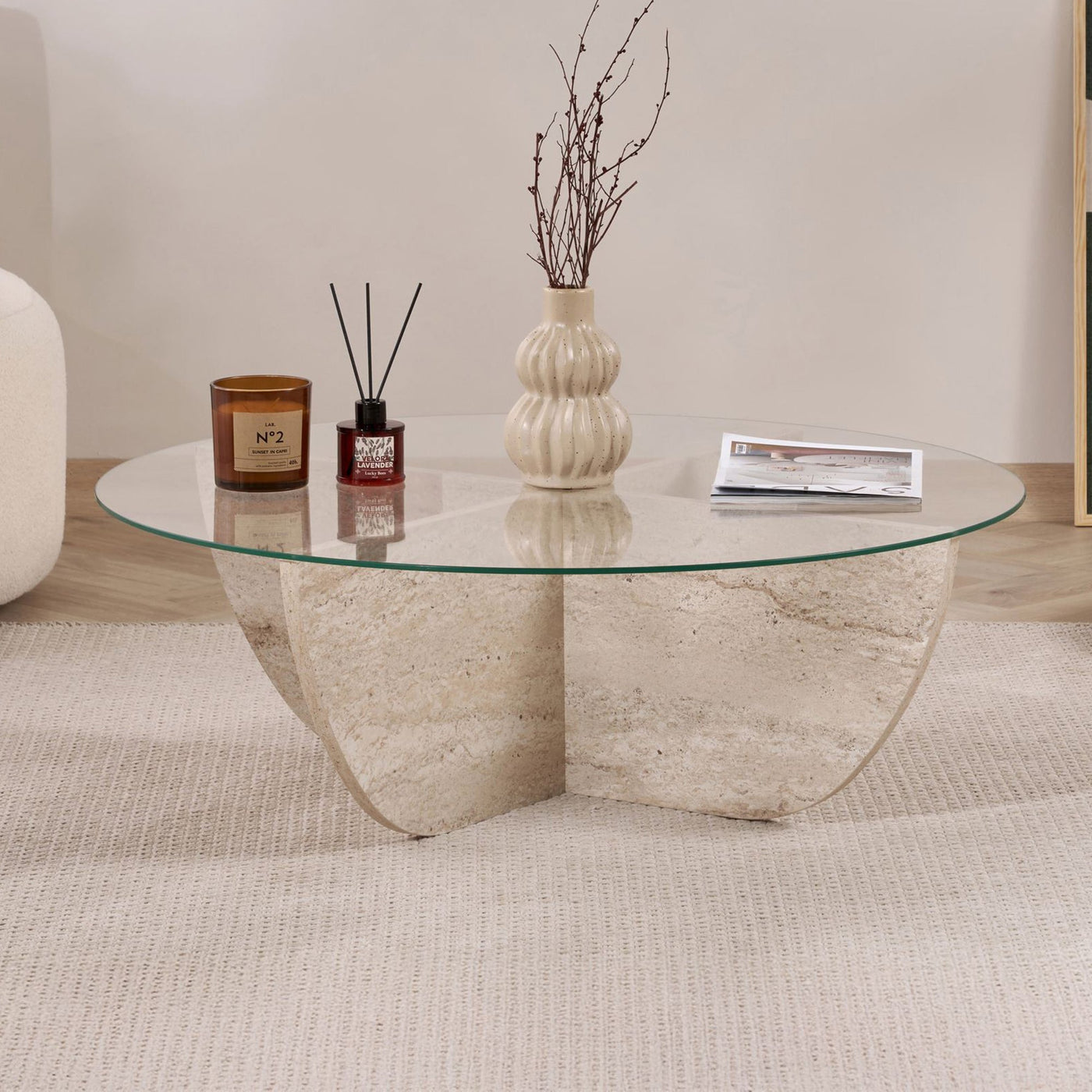 NESIA Table basse en verre piètement beige D90 cm - Table basse - Mobilier Deco