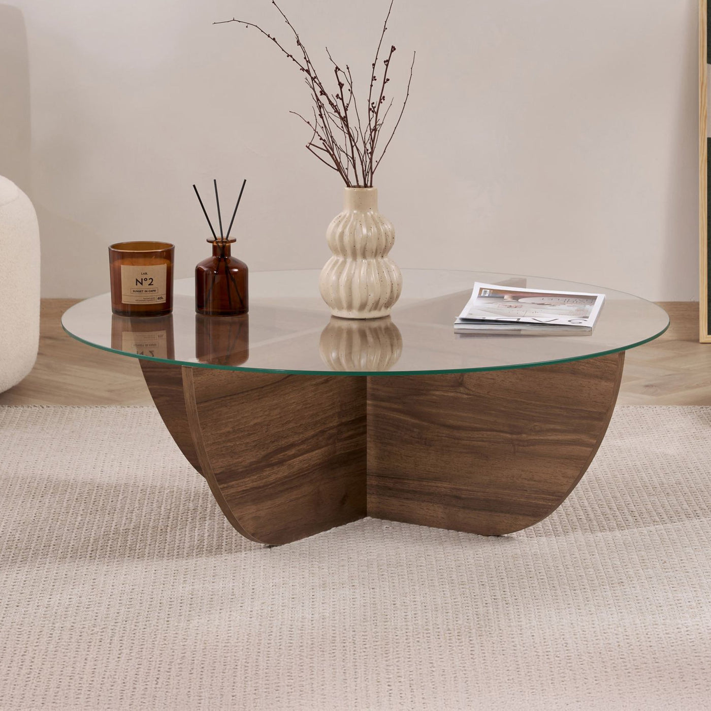 NESIA Table basse en verre piètement couleur bois foncé D90 cm - Table basse - Mobilier Deco