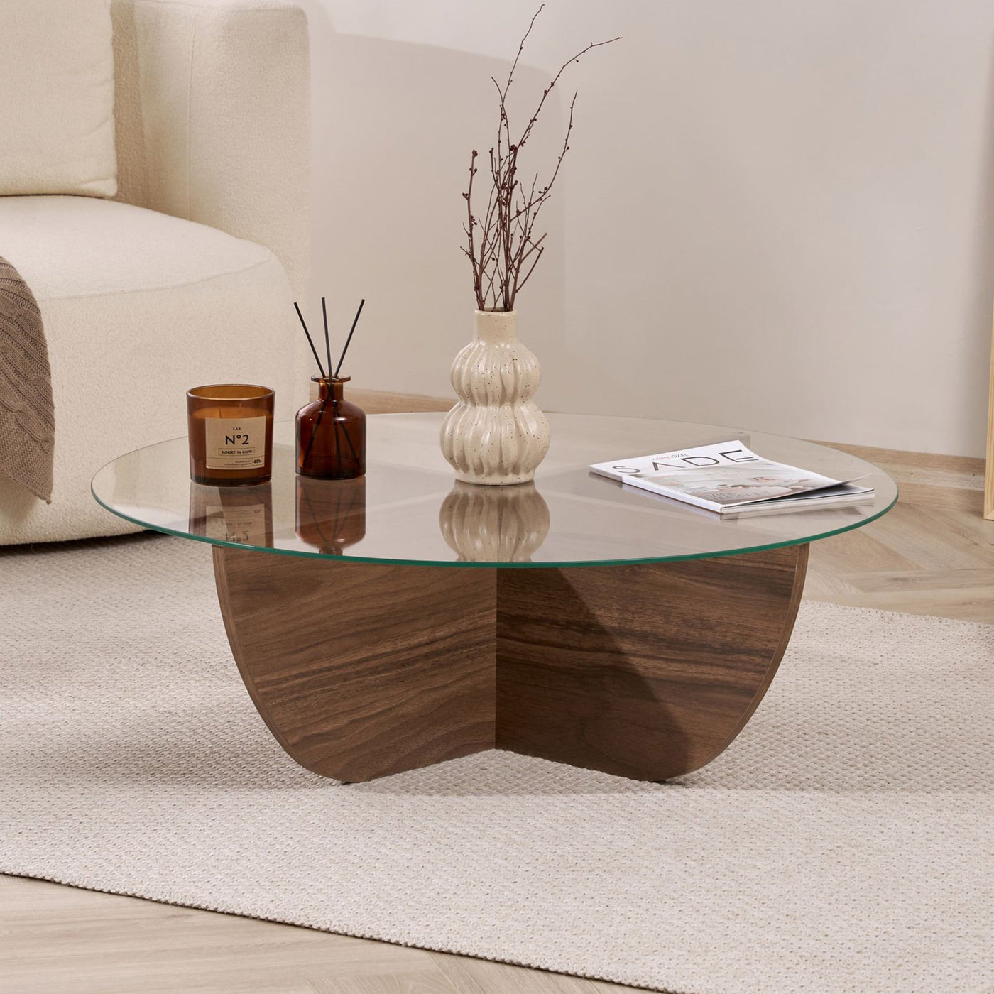 NESIA Table basse en verre piètement couleur bois foncé D90 cm - Table basse - Mobilier Deco