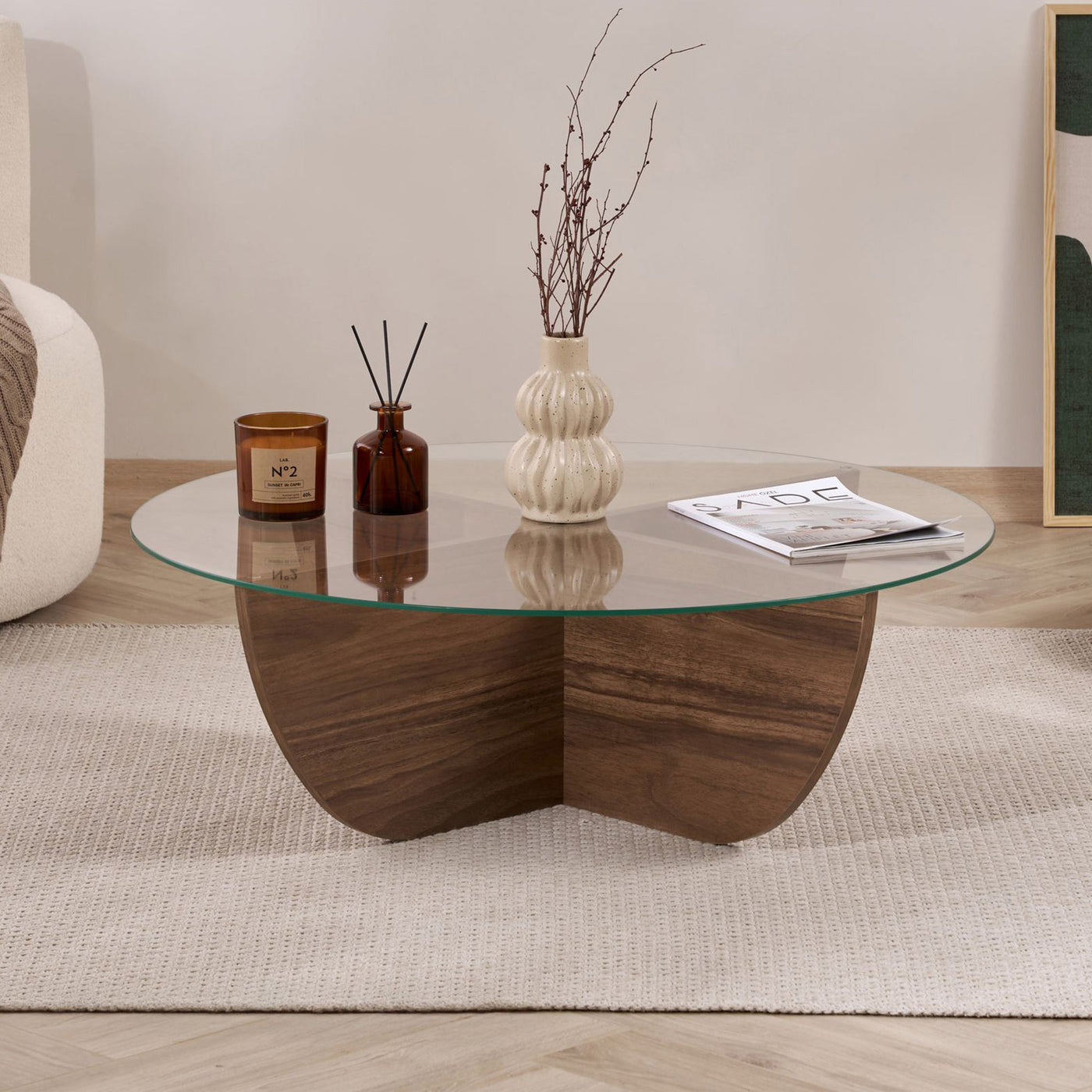 NESIA Table basse en verre piètement couleur bois foncé D90 cm - Table basse - Mobilier Deco