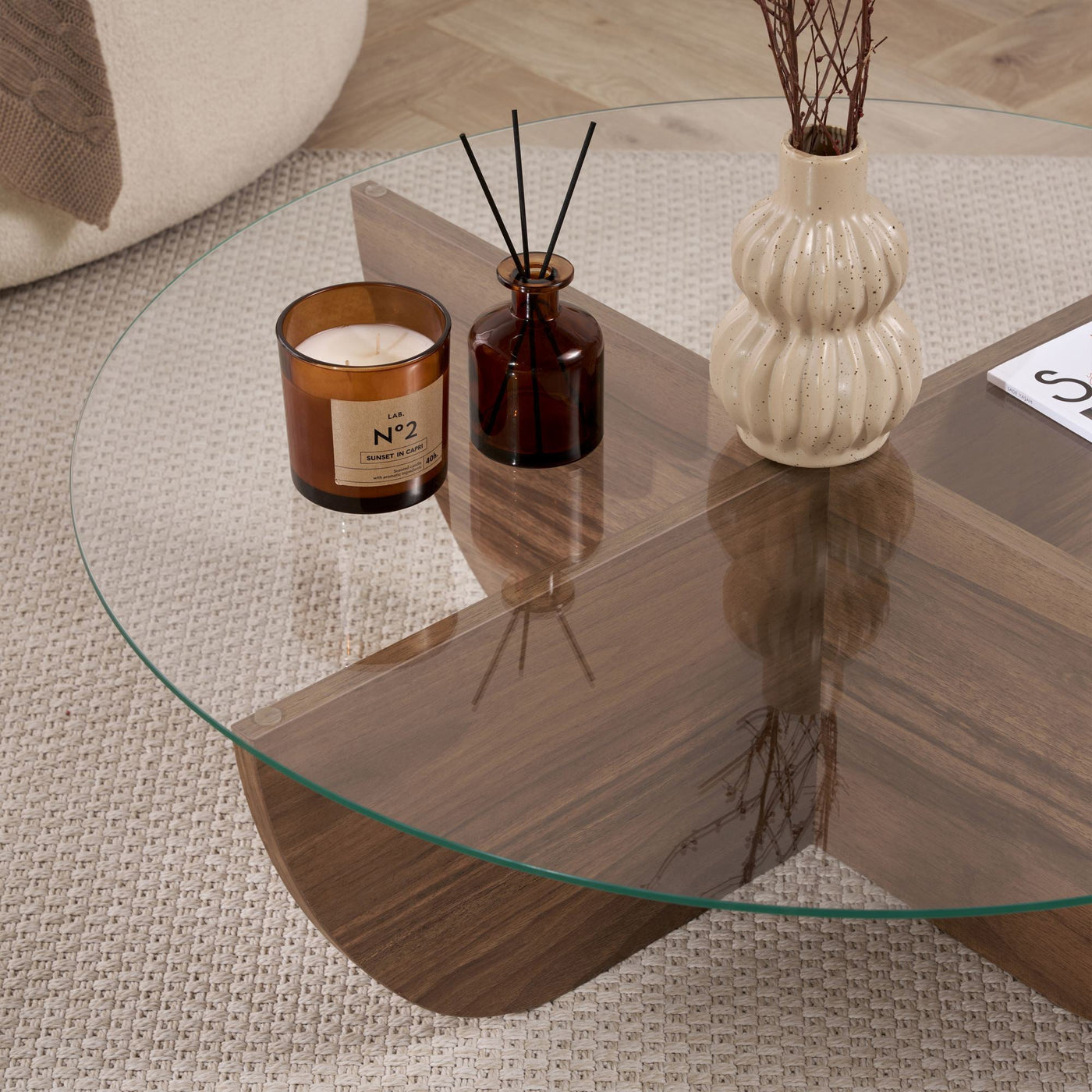NESIA Table basse en verre piètement couleur bois foncé D90 cm - Table basse - Mobilier Deco