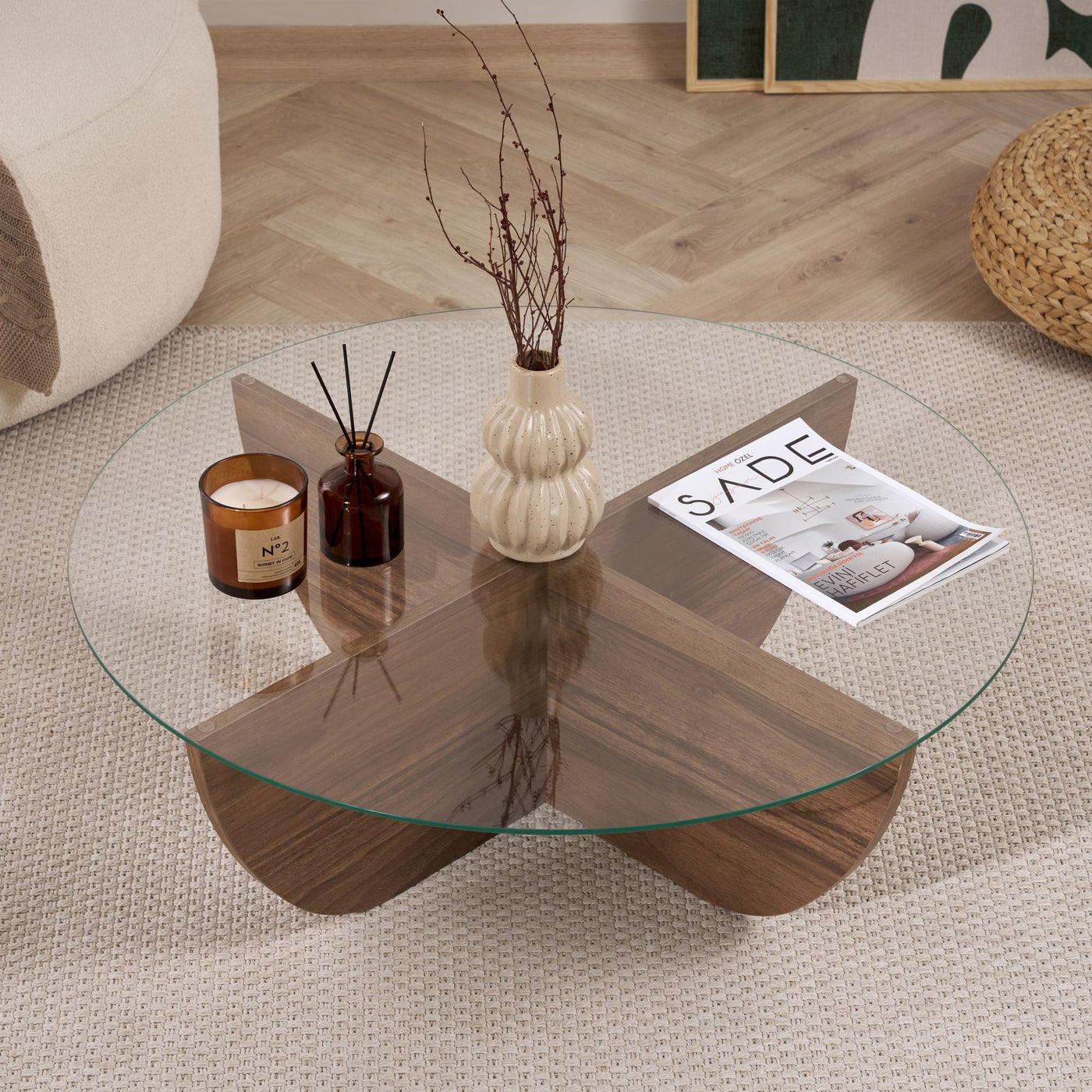 NESIA Table basse en verre piètement couleur bois foncé D90 cm - Table basse - Mobilier Deco