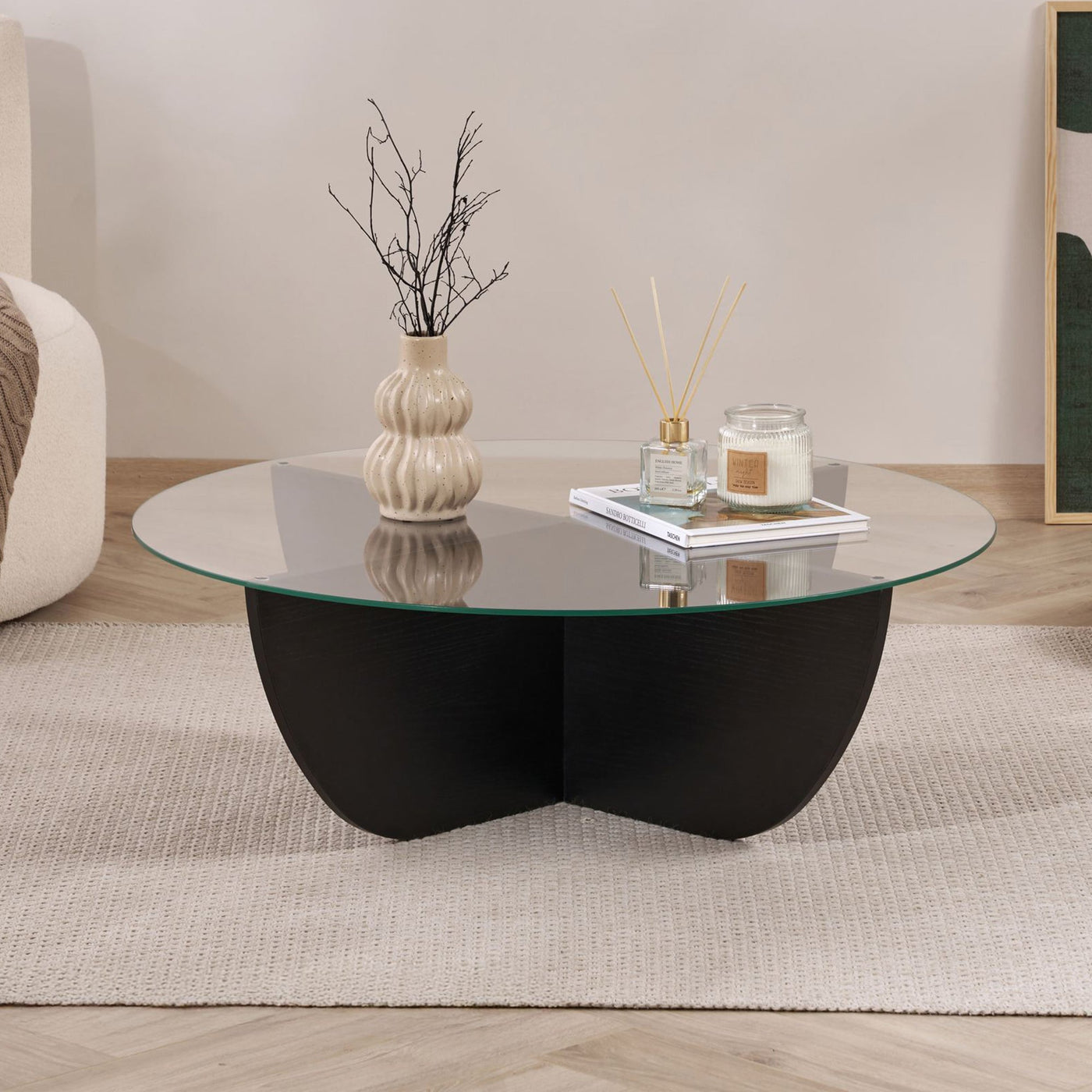 NESIA Table basse en verre piètement couleur bois noir D90 cm - Table basse - Mobilier Deco
