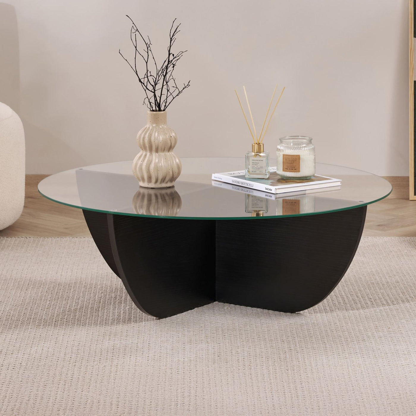 NESIA Table basse en verre piètement couleur bois noir D90 cm - Table basse - Mobilier Deco