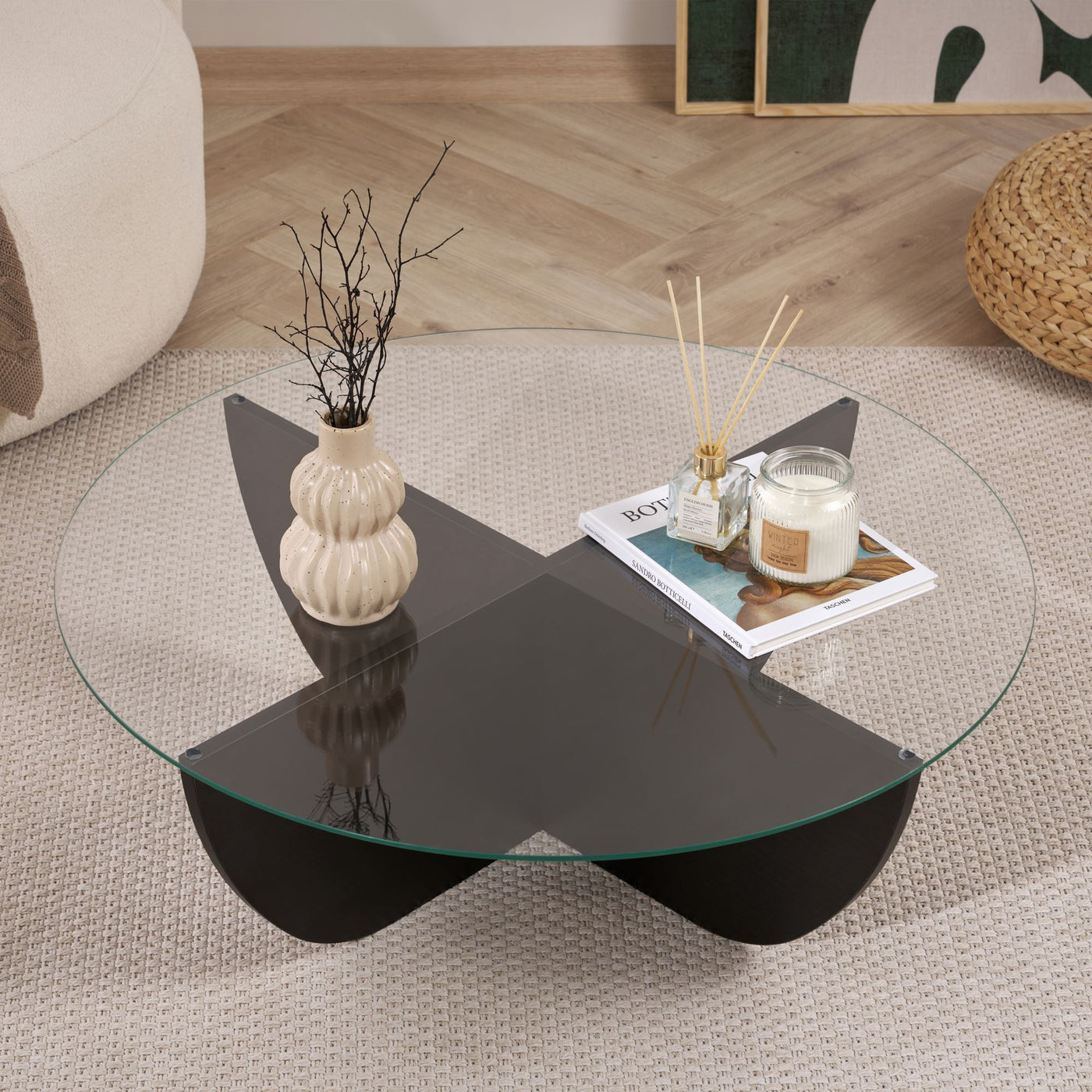 NESIA Table basse en verre piètement couleur bois noir D90 cm - Table basse - Mobilier Deco