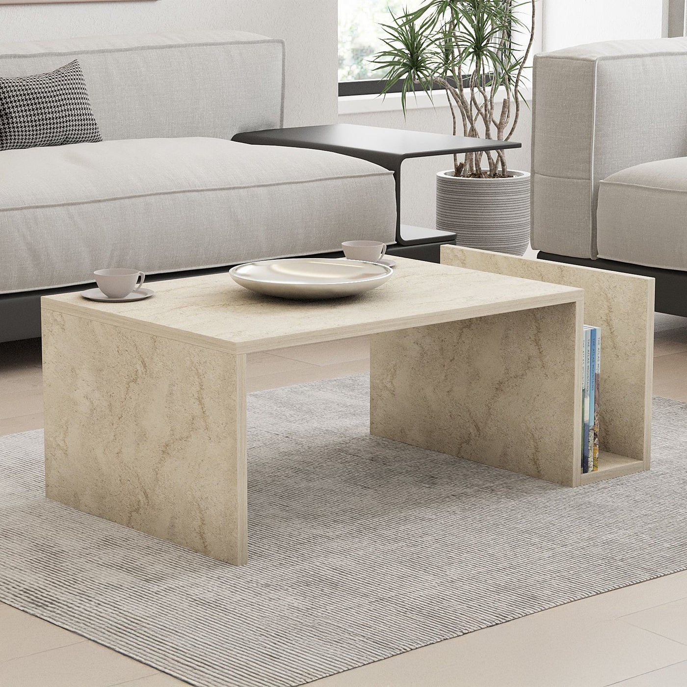 NOAH Table basse rectangulaire beige avec rangement intégré - Table basse - Mobilier Deco