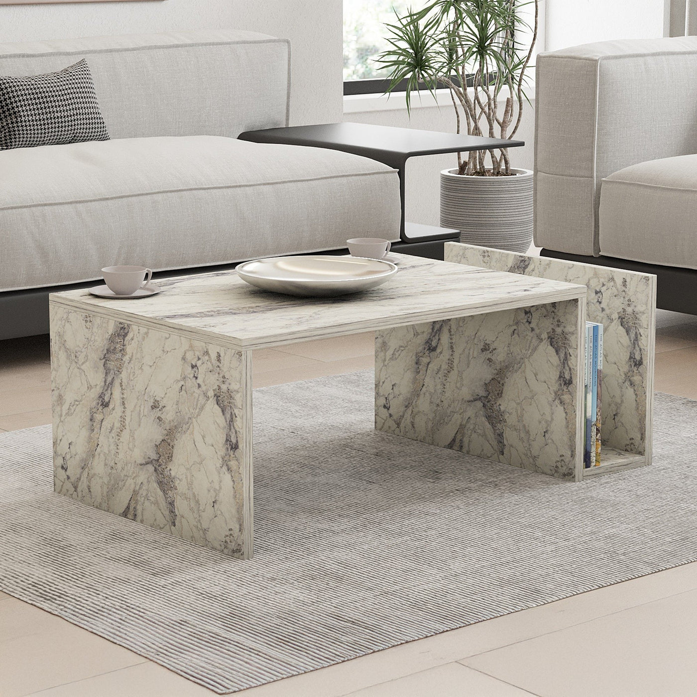 NOAH Table basse rectangulaire couleur marbre avec rangement intégré - Table basse - Mobilier Deco