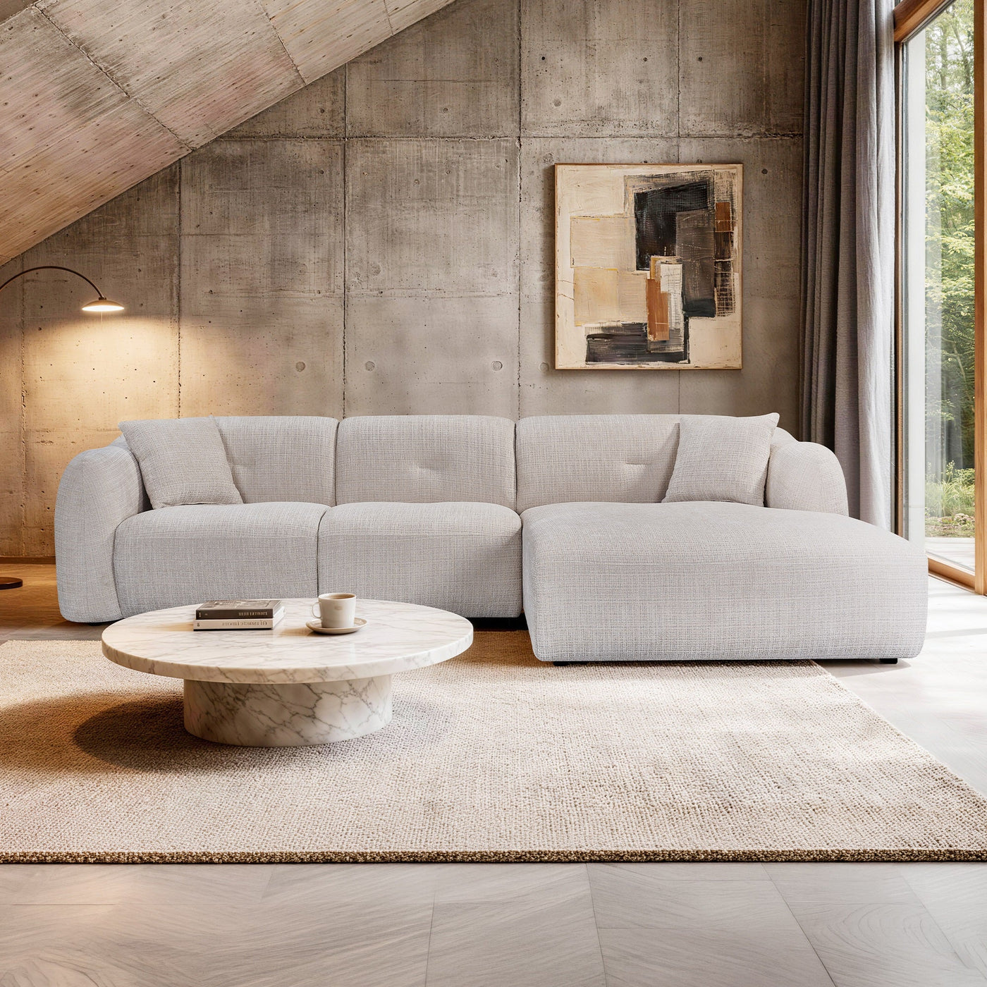 NOELIA Canapé d'angle en tissu capitonné beige - Angle droit - Canapés d'angle - Mobilier Deco