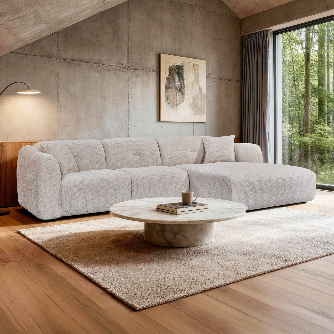 NOELIA Canapé d'angle en tissu capitonné beige - Angle droit - Canapés d'angle - Mobilier Deco