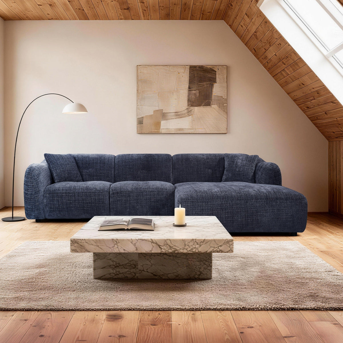 NOELIA Canapé d'angle en tissu capitonné bleu - Angle droit - Canapés d'angle - Mobilier Deco
