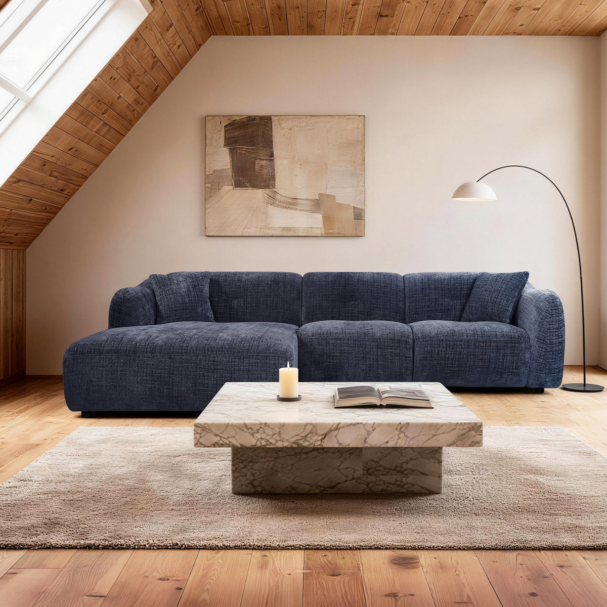 NOELIA Canapé d'angle en tissu capitonné bleu - Angle gauche - Canapés d'angle - Mobilier Deco