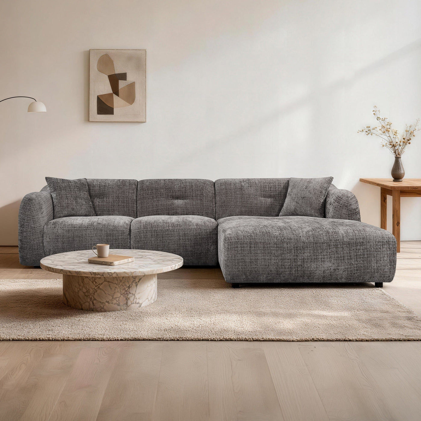 NOELIA Canapé d'angle en tissu capitonné taupe - Angle droit - Canapés d'angle - Mobilier Deco