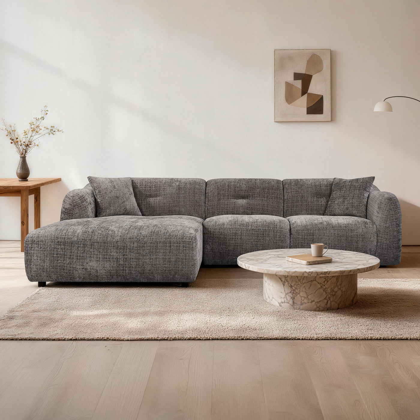 NOELIA Canapé d'angle en tissu capitonné taupe - Angle gauche - Canapés d'angle - Mobilier Deco