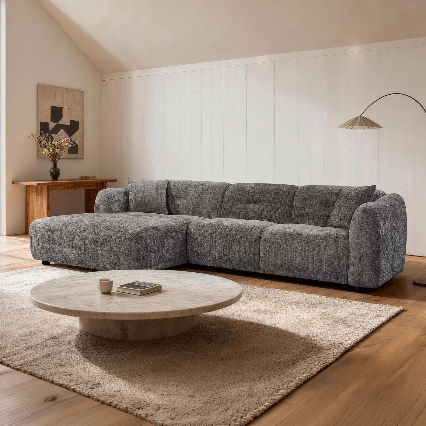 NOELIA Canapé d'angle en tissu capitonné taupe - Angle gauche - Canapés d'angle - Mobilier Deco