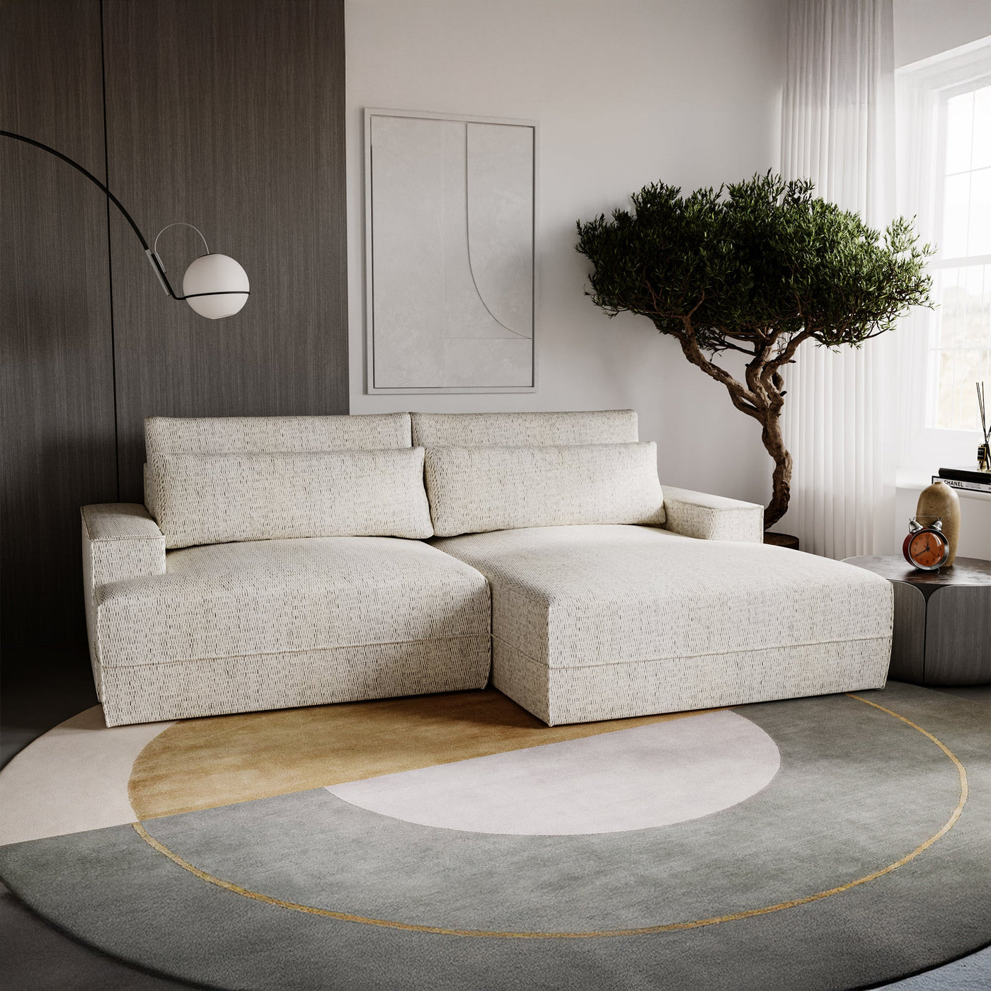 NOEMIA Canapé d'angle convertible avec coffre en tissu beige - Angle droit - Canapé d'angle convertible - Mobilier Deco