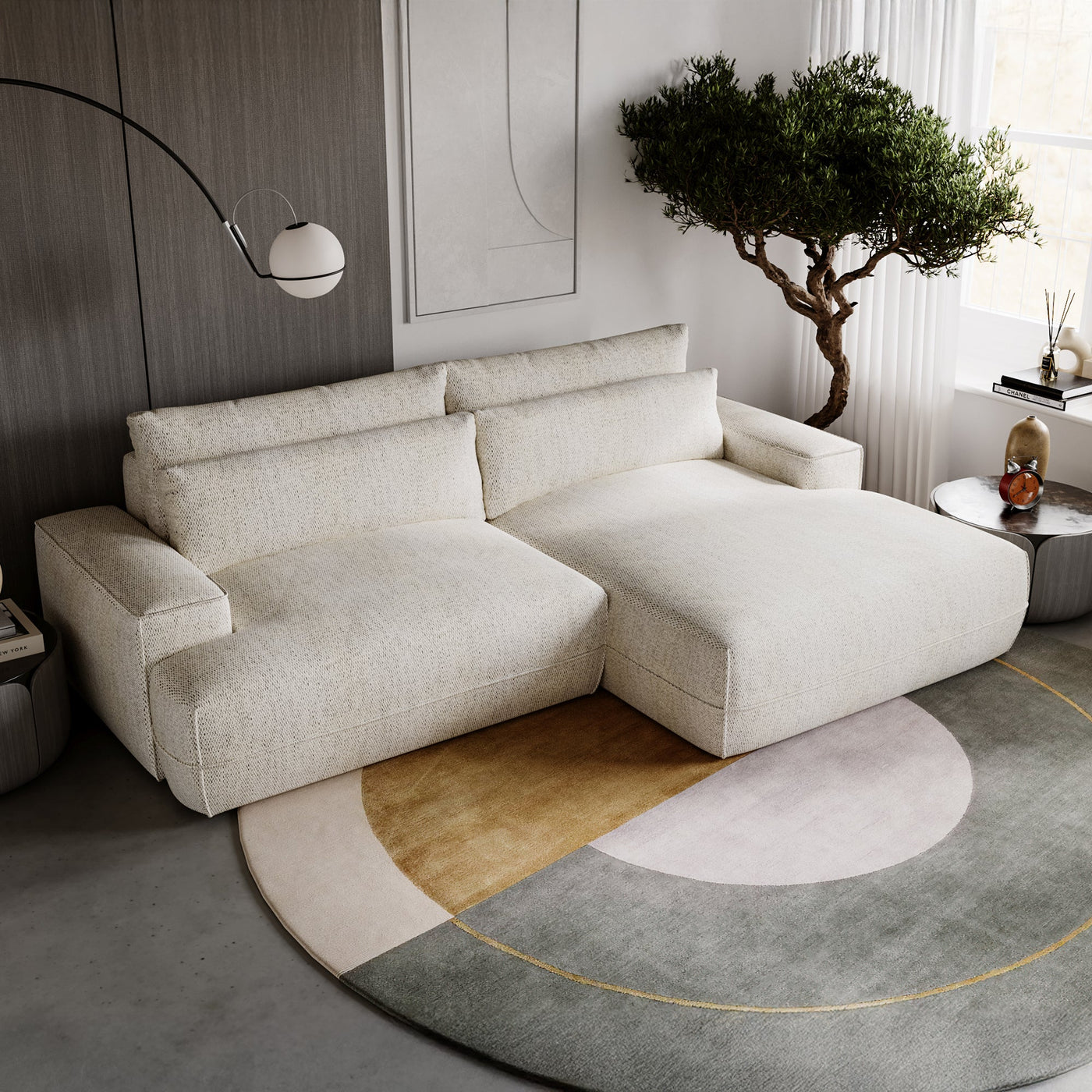 NOEMIA Canapé d'angle convertible avec coffre en tissu beige - Angle droit - Canapé d'angle convertible - Mobilier Deco