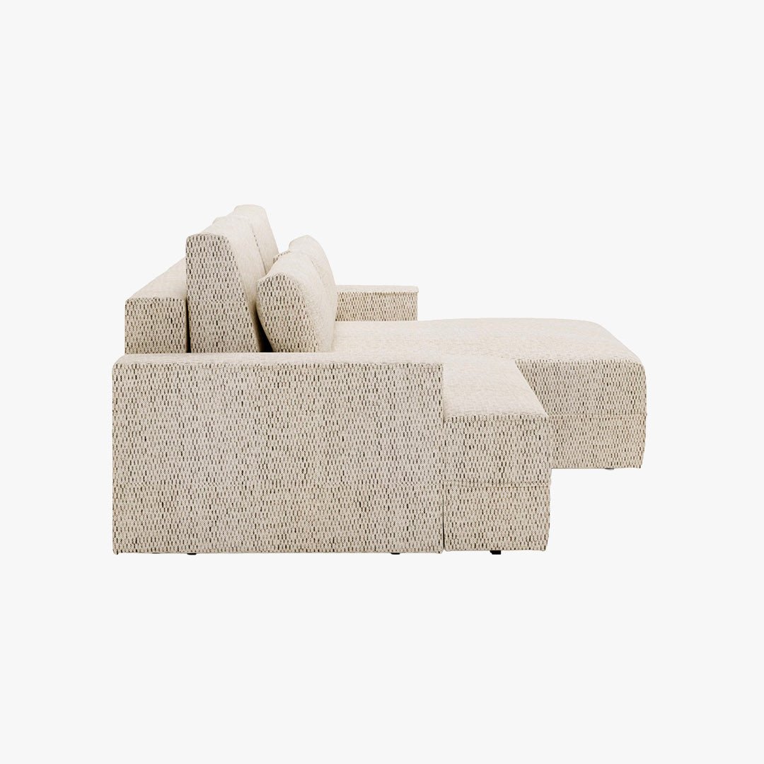 NOEMIA Canapé d'angle convertible avec coffre en tissu beige - Angle droit - Canapé d'angle convertible - Mobilier Deco