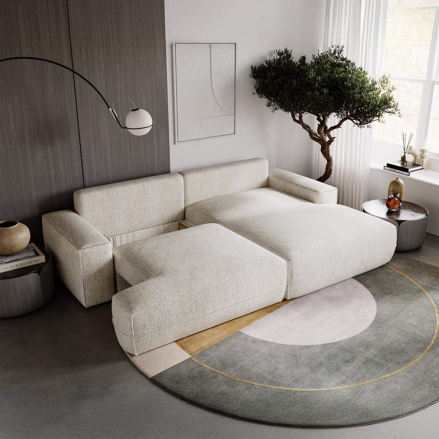 NOEMIA Canapé d'angle convertible avec coffre en tissu beige - Angle droit - Canapé d'angle convertible - Mobilier Deco