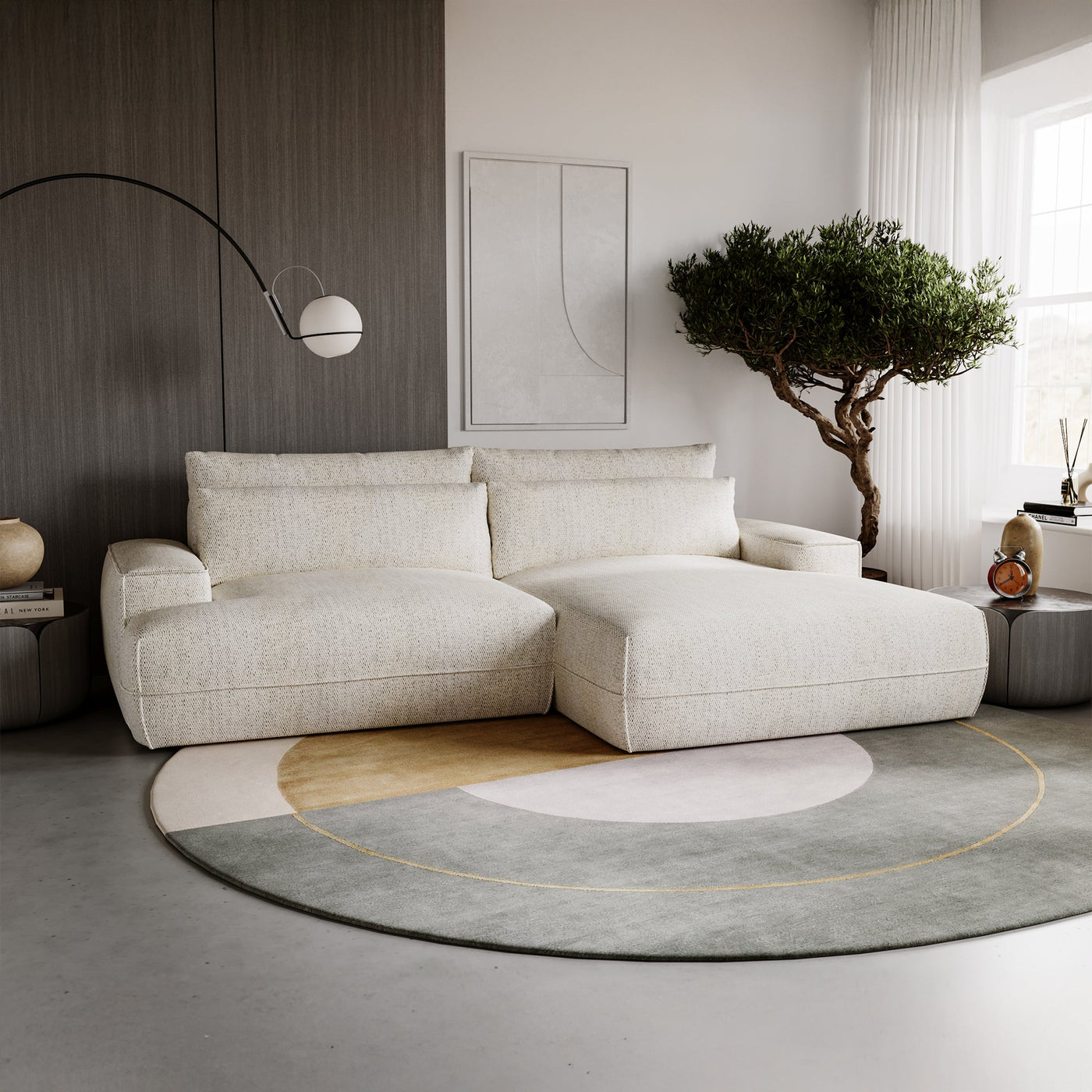 NOEMIA Canapé d'angle convertible avec coffre en tissu beige - Angle droit - Canapé d'angle convertible - Mobilier Deco