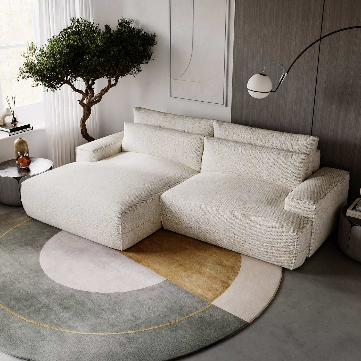 NOEMIA Canapé d'angle convertible avec coffre en tissu beige - Angle gauche - Canapé d'angle convertible - Mobilier Deco