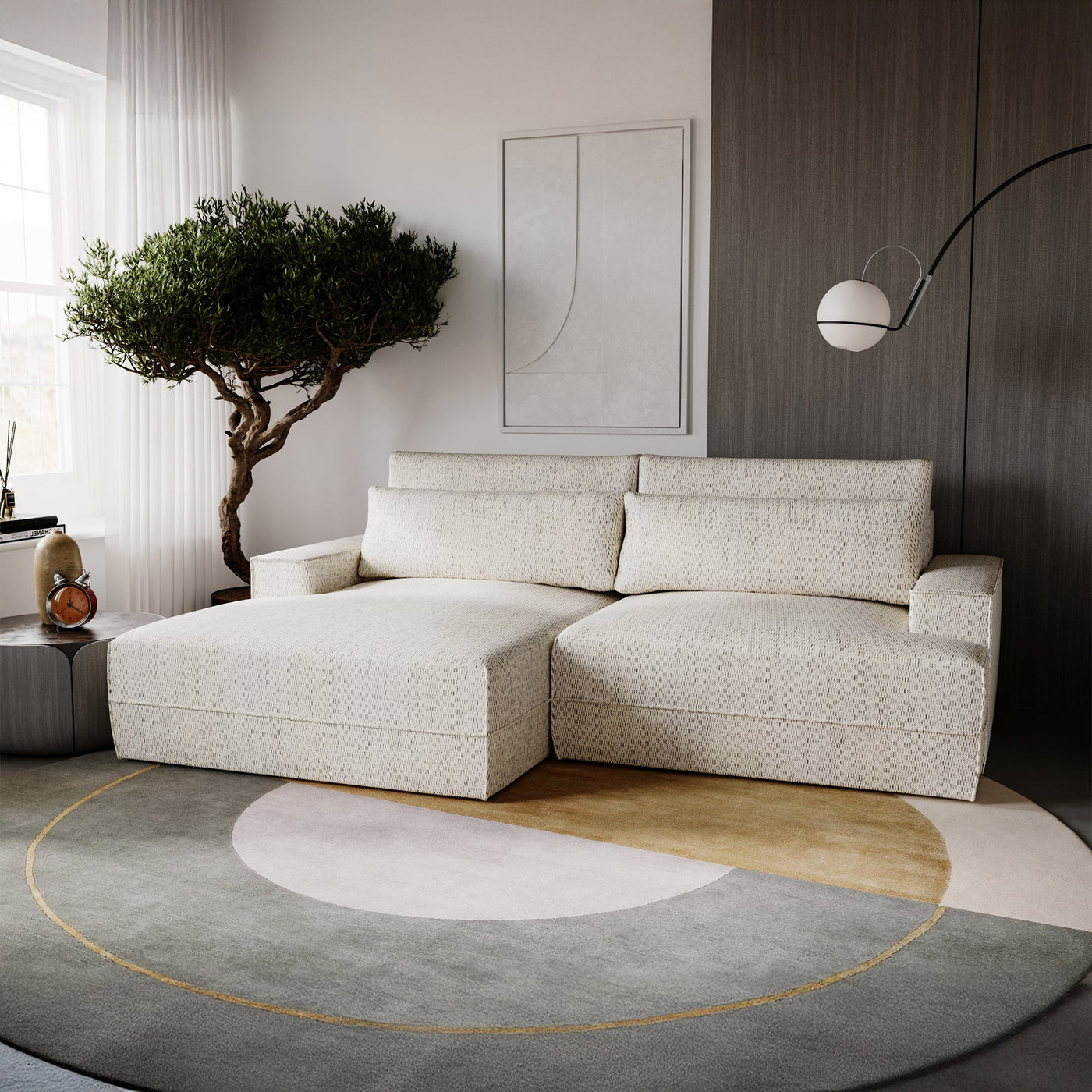 NOEMIA Canapé d'angle convertible avec coffre en tissu beige - Angle gauche - Canapé d'angle convertible - Mobilier Deco