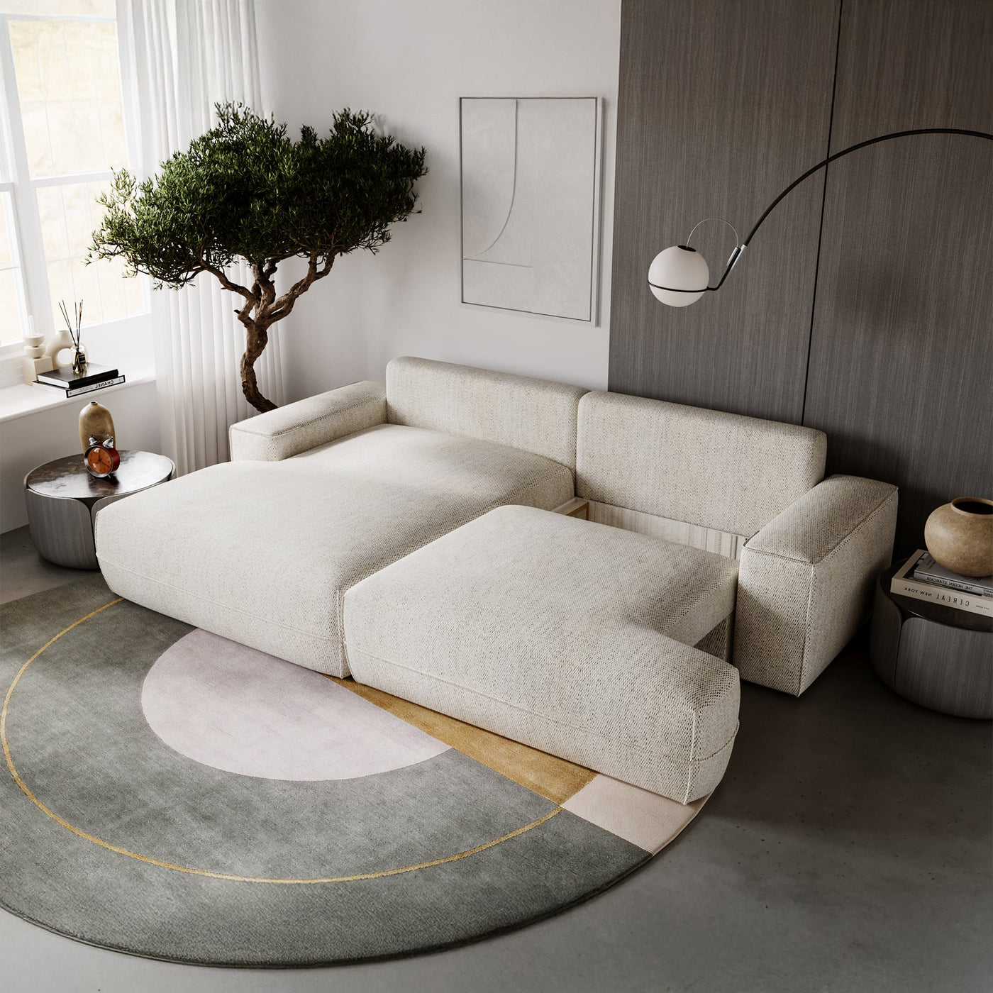 NOEMIA Canapé d'angle convertible avec coffre en tissu beige - Angle gauche - Canapé d'angle convertible - Mobilier Deco