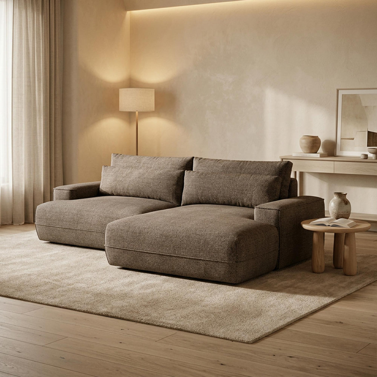 NOEMIA Canapé d'angle convertible avec coffre en tissu taupe - Angle droit - Canapé d'angle convertible - Mobilier Deco