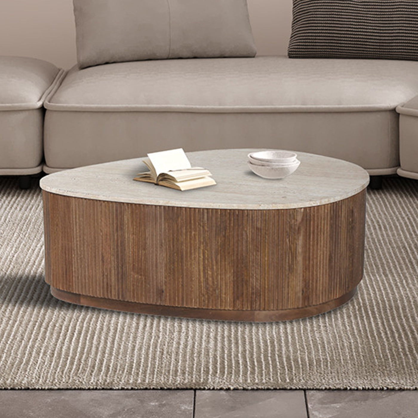 NOLAN Table basse en travertin et bois de manguier 100 cm - Table basse - Mobilier Deco