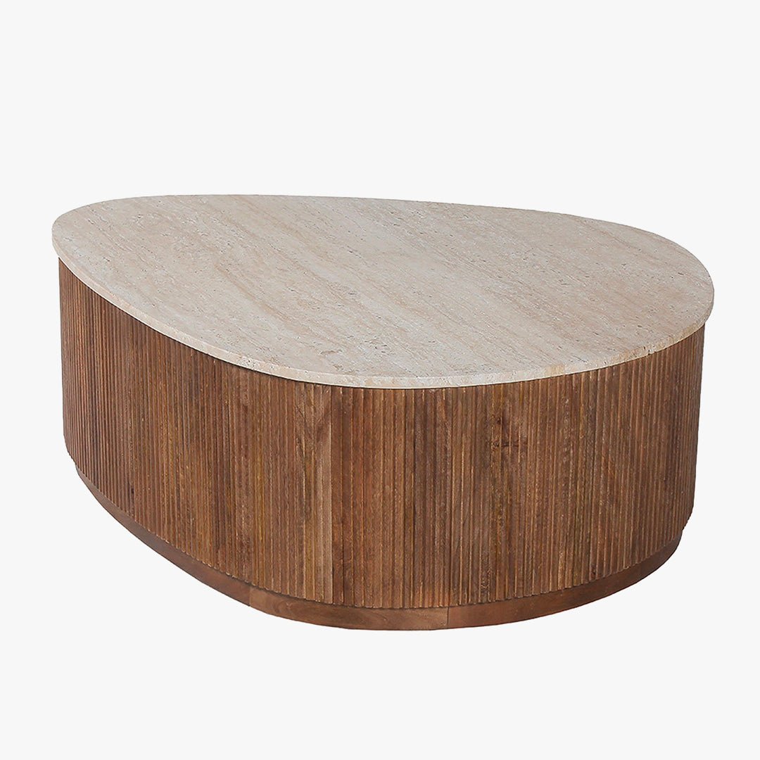 NOLAN Table basse en travertin et bois de manguier 100 cm - Table basse - Mobilier Deco