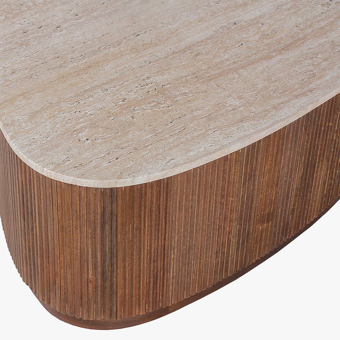 NOLAN Table basse en travertin et bois de manguier 100 cm - Table basse - Mobilier Deco