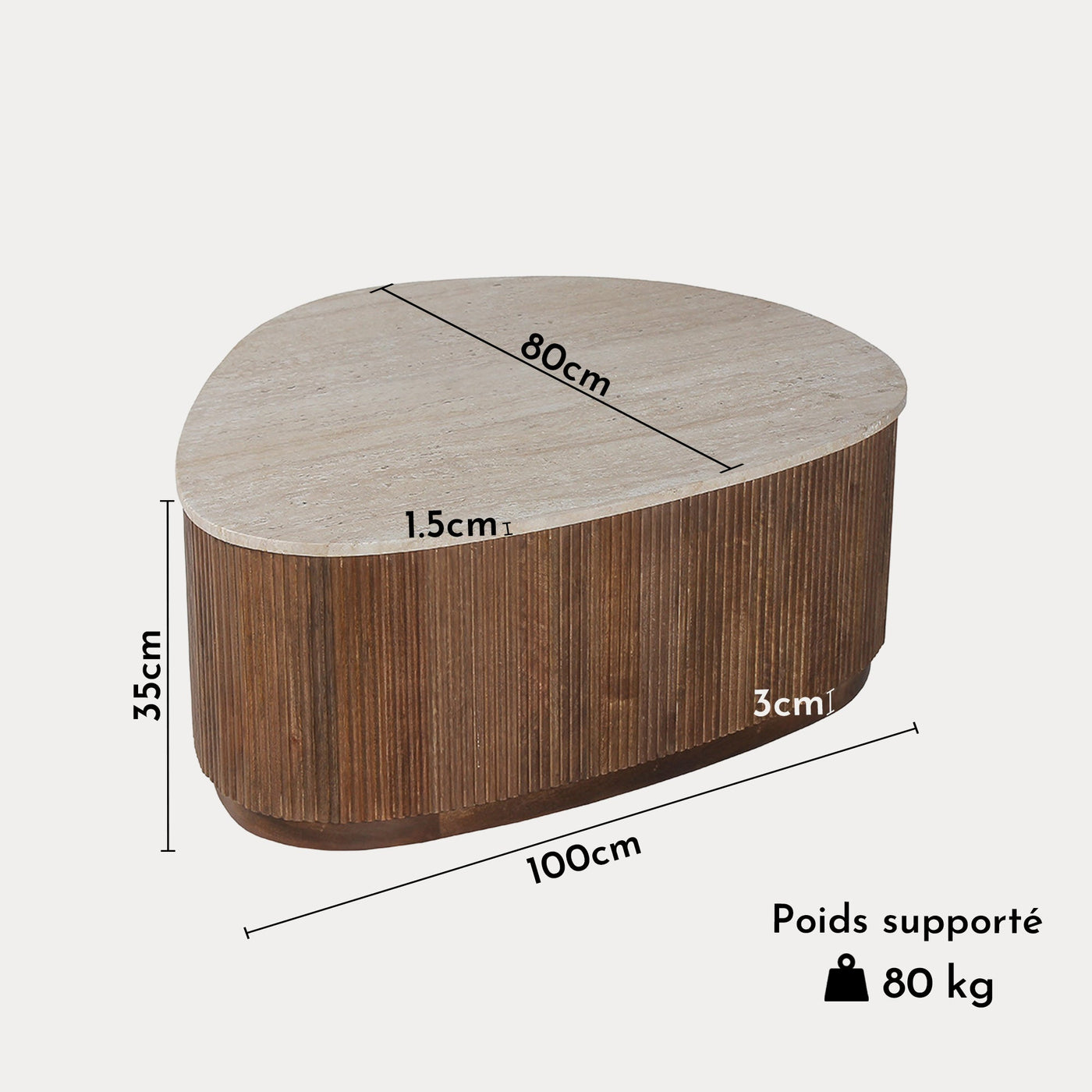 NOLAN Table basse en travertin et bois de manguier 100 cm - Table basse - Mobilier Deco