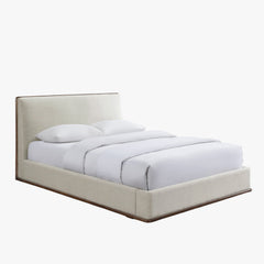 Lit double en tissu beige et bois foncé 180x200 cm