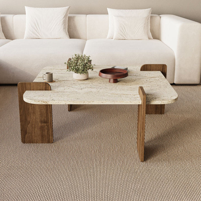 OFELI Table basse carrée beige piètement couleur bois foncé 90 cm – Table basse Mobilier Deco