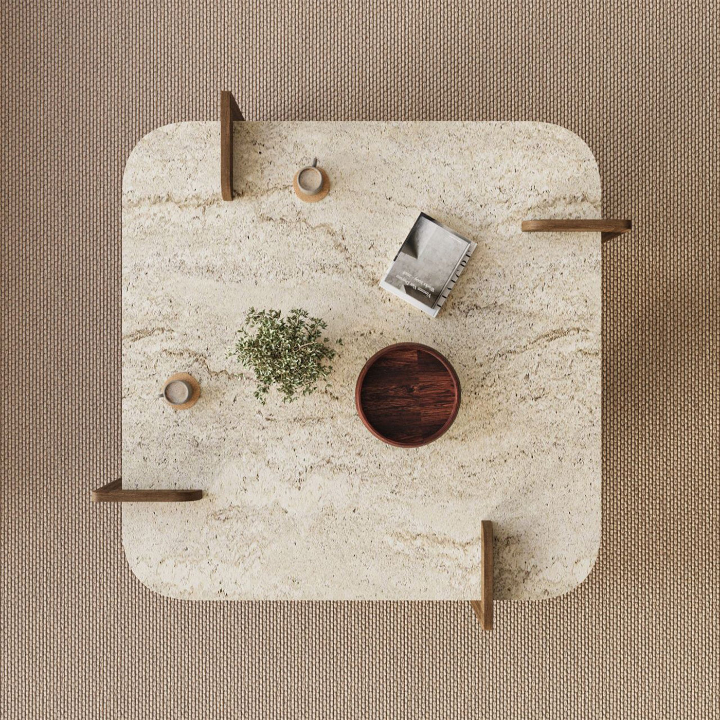 OFELI Table basse carrée beige piètement couleur bois foncé 90 cm - Table basse - Mobilier Deco