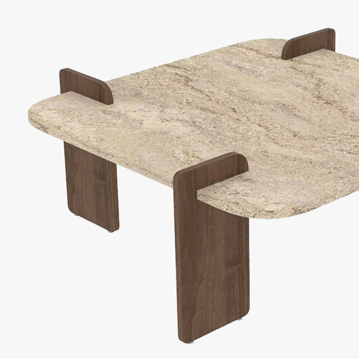 OFELI Table basse carrée beige piètement couleur bois foncé 90 cm