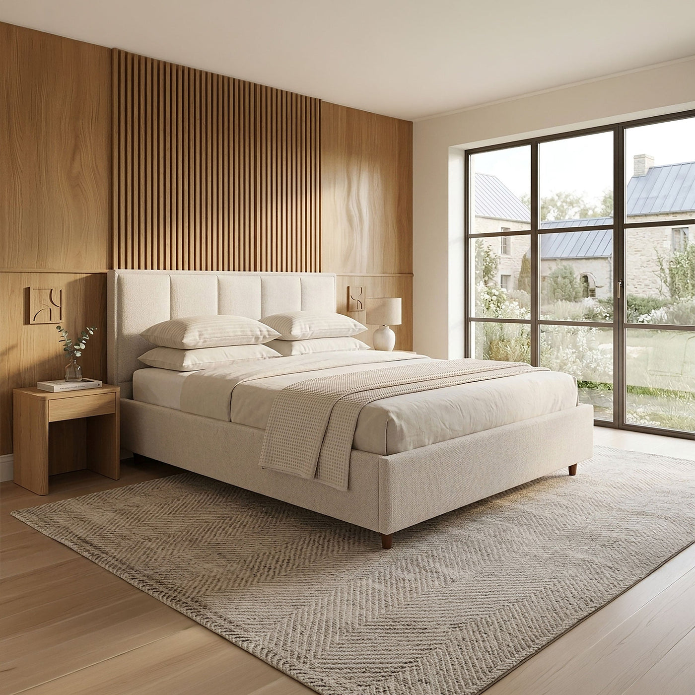 OLEA Lit double en tissu beige avec coffre 140x190 cm - Lits - Mobilier Deco