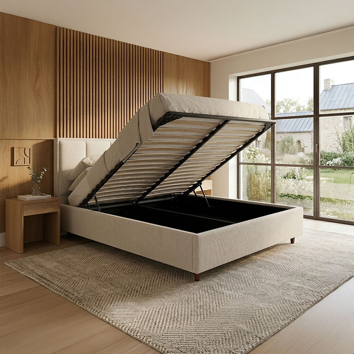 OLEA Lit double en tissu beige avec coffre 160x200 cm